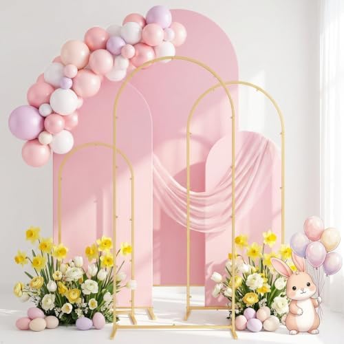 Set of 3 Wedding Arch Backdrop Stand,4+5+6 FT，Small Metal Arch Frame with 3 Pink Backdrop Covers,Easy Setup for Birthday Baby Shower Anniversary Dessert Table Decoration by mekpiwu