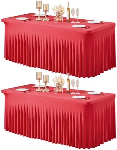 2 Packs Red Table Clothes for 8 Foot Rectangle Tables, Wrinkle Resistant Stretch Spandex Table Covers Fitted Tablecloth with Skirt for Valentines Event Banquet Wedding Birthday Party by PartyTalk
