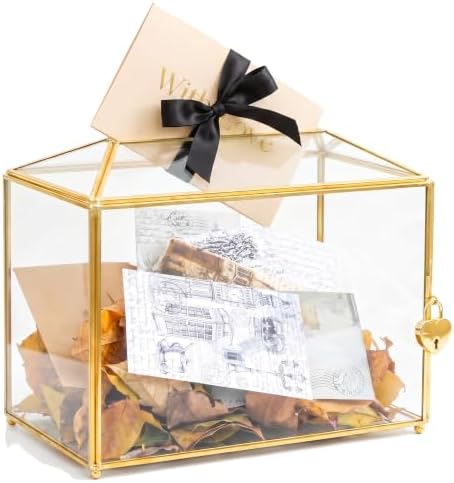 Wedding Card Box with Slot and Lock, 10.2'' Glass Card Boxes for Reception, Gold Decorative Card Holder, Clear Reusable Keepsake Storage for Wedding, Party, Baby Showers, Tabletop Decor by Unknown