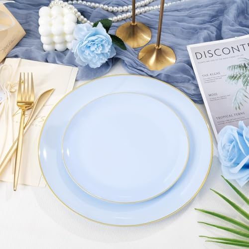 PULOTE 100PCS Blue Plastic Plates - Disposable Light Blue Include 50 Dinner & 50 Dessert/Salad Plates for Party, Wedding & Birthday - Image 3