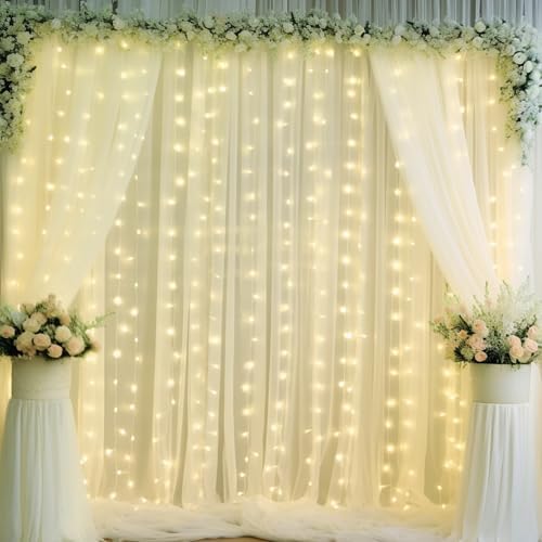 10ft x 10ft Beige Chiffon Backdrop Curtain with Lights String for Parties,2 Panels Sheer Chiffon Curtain Wedding Backdrop with Lights for Baby Shower Birthday Party Ceremony Reception Home Decorations - Image 4