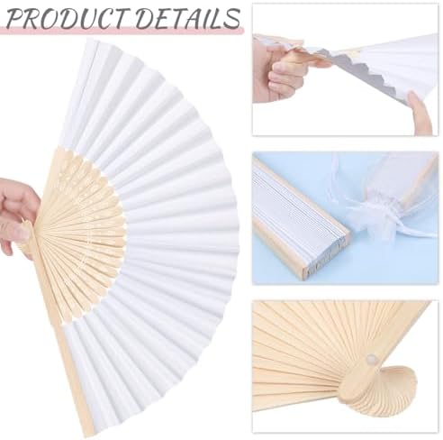 MCEAST 60 Pieces Wedding Handheld Paper Fans White Bamboo Folding Paper Fans with 60 Organza Bags Foldable Cool Wedding Favors Wedding Fans for Guests Party Favors DIY Decoration - Image 3