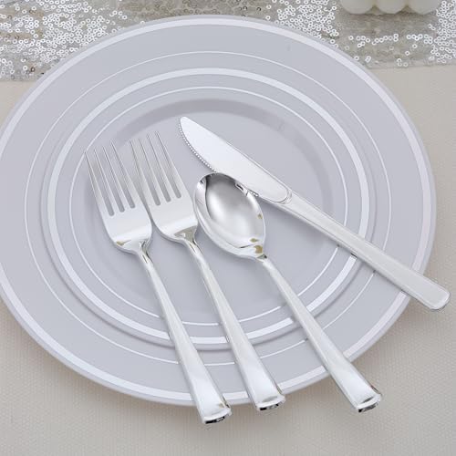 400 PCS Silver Plastic Silverware Set,Disposable Cutlery Set Heavy Duty Flatware for Party,Weddings-200 Silver Forks,100 Knives,100 Spoons - Image 6