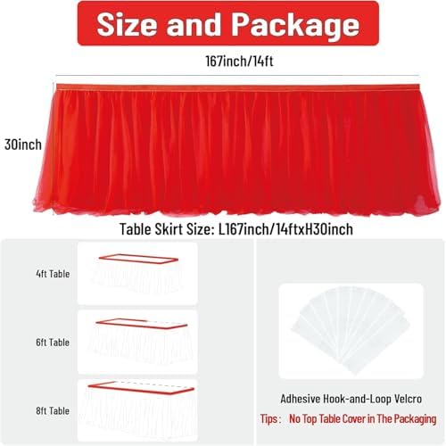 NSSONBEN 167inch Red Tulle Table Skirt for Rectangle Tables 6/8ft, 2-Layer Ruffle Tulle Tutu Red Cloth Table Desk Skirts 14ft for Chrismas Birthday Party Baby Shower Cake Dessert Tables(No Top Cover) - Image 4