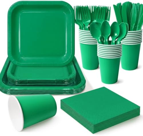 Vyntra 350 Pcs Green Square Paper Plates and Napkins Set, Serves 50 by PartyTablewareSupplies