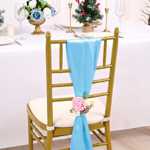 fani Light Bule Satin Chair Straps Bows,60 PCS 7x108 Inch,Chair Sash - Image 4