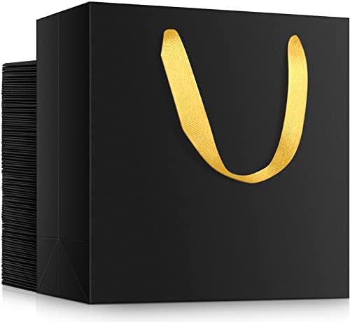 EUSOAR Large Black Gift Wrap Bags with Gold Handles, 50 pack 12.5"x4.5"x11" Paper Shopping Bags with Handles Retail Wrapping Bags for Business Party Favor, Wedding by EUSOAR