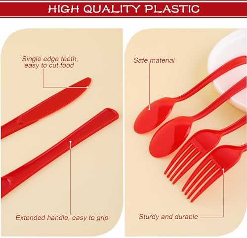 Kochorie 300 Pieces Red Plastic Silverware, Heavy Duty Plastic Cutlery Set - Image 3