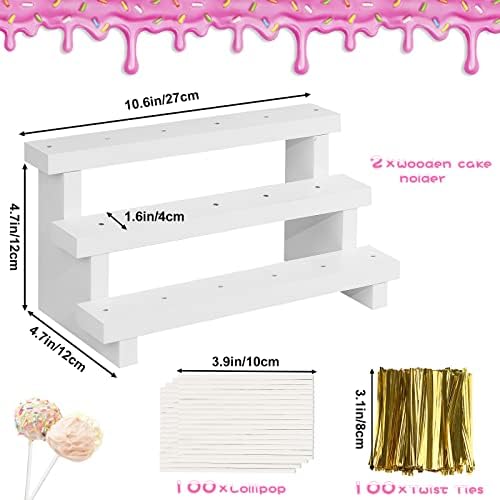 2Pcs Wood Cake Pop Stand, White Lollipop Holder 3 Tier with Twist Ties Lollipop Sticks, 17 Holes Sucker Display Riser for Dessert Table of Wedding Birthday Party - Image 2