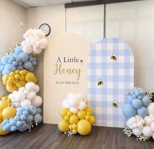 Set of 2 Little Honey Arch Backdrop Cover 2PCS Honey Bee Baby Shower Spandex Arch Covers Blue Gingham Gender Reveal Birthday Party Decoration (Cream Beige,7.2FT & 6.6FT) - Image 5
