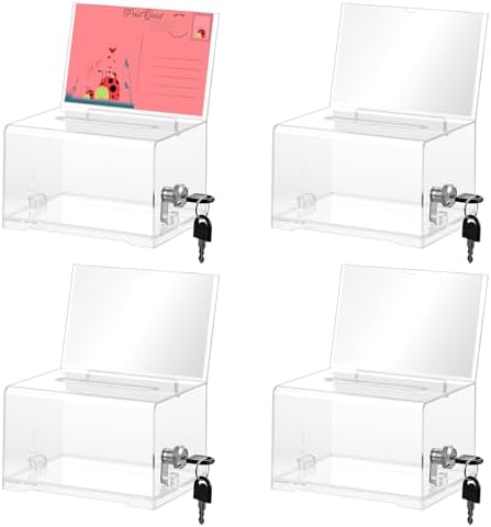 4 Pcs Donation Box, Clear Acrylic Raffle Ticket Boxes with Slot Tip Box with Lock and Sign Holder Suggestion Ballot Boxes for Fundraising Donation Voting Raffle Secure Storage, 6.1'' x 4.3'' x 3.8'' by Unknown