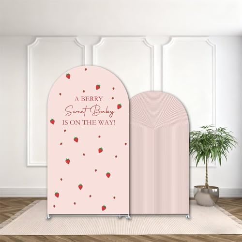2 Pcs A Berry Sweet Baby is ON The Way Arch Backdrop Covers,Set of 2(7.2FT/6.6FT) Pink Ripple Strawberry Theme Arch Fabric Cover for Girls Birthday Baby Shower Party Decoration - Image 2