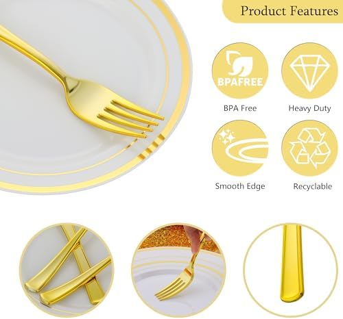 400PCS Gold Plastic Silverware, Gold Disposable Utensils, Heavy Duty Cutlery Set Includes 200 Forks,100 Knives,100 Spoons, Flatware for Party Wedding - Image 4