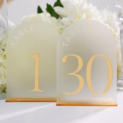 Frosted Arch Acrylic Table Numbers 1-30 with Stands - 5x7" Gold Mirror Wedding Table Numbers for Reception, Frosted Acrylic Table Signs with Holders for Banquet, Party, Anniversary, Event by Unknown