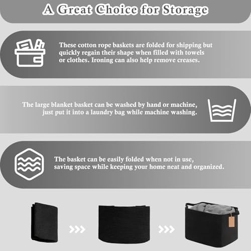 Goodpick 50L Large Woven Rope Storage Basket with Handles, Black - Image 7