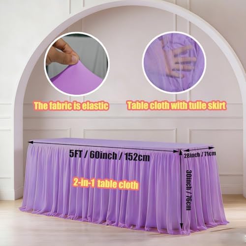 1-Pack Light Purple 2-in-1 Tulle Tablecloth for 5-Foot Rectangular Table - Image 2