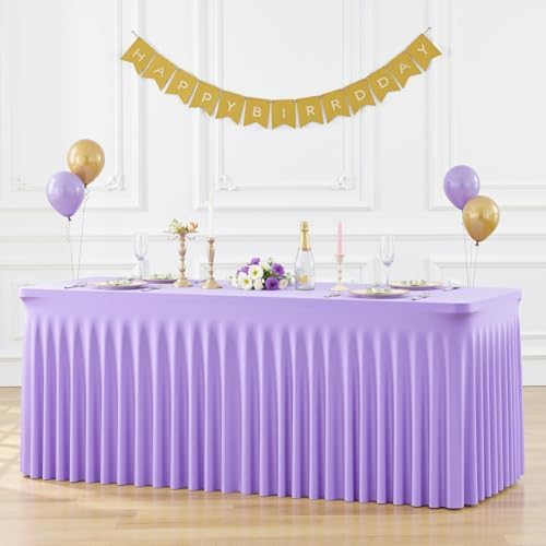 2 Pack Lavender Spandex Tablecloths for Rectangle Tables Light Purple Stretch Table Cloth Rectangle 8ft Lilac Elastic Fitted Table Cover with Skirt for Wedding Birthday Party Banquet Baby Shower - Image 3
