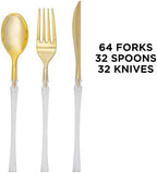 Luxe Party 128 Pieces Two Tone Plastic Disposable Cutlery | Forks-Spoons-Knives | Full Size | Neo Classic | Clear and Gold - Image 3