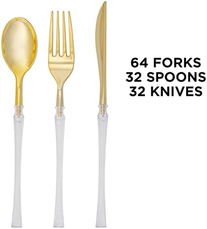 Luxe Party 128 Pieces Two Tone Plastic Disposable Cutlery | Forks-Spoons-Knives | Full Size | Neo Classic | Clear and Gold - Image 3