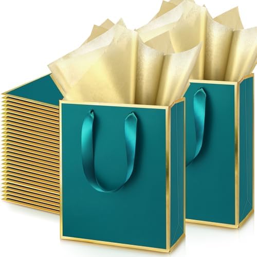 Yeaqee 50 Pcs Metallic Paepr Gift Bags Bulk with Handles,Turquoise Gold by Yeaqee
