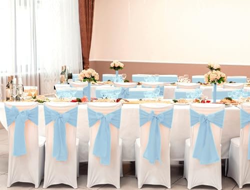 YMHPRIDE 60 PCS Light Blue Satin Chair Sashes, 7x108 Inch Ties Chair Bows - Image 6