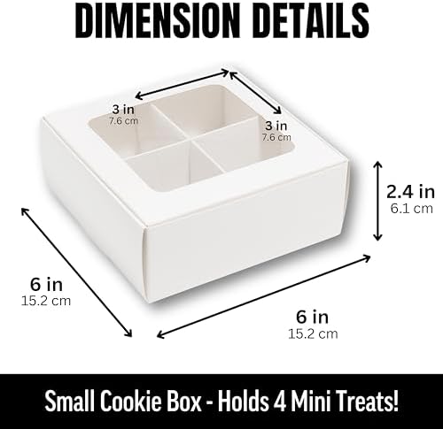 25 pcs White Mini Cookie Boxes with 4 treats Windows and Dividers, Bakery Boxes, 6 x 6 x 2.4 Inches SMALL Baking Boxes, Square Cookies Box Decorating Supplies for Gift Giving - Image 2