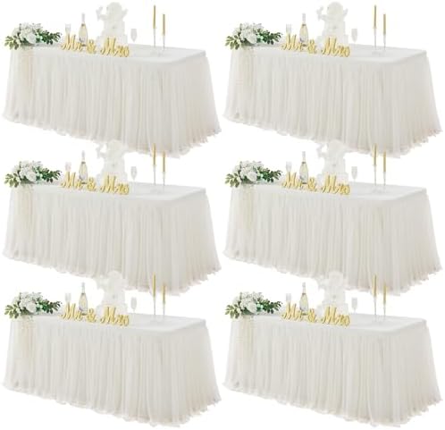familus Ivory Table Cloths 6 Foot Rectangle 6 Pack Stretch Ruffle Tulle Tablecloth Spandex Fitted Table Cover for 6 Foot Tulle Table Skirts for Party Wedding Table Cloths, Banquets by familus