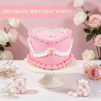 6 Inch Pink Bow Fake Cake, Heart Shaped Coquette Artificial Cake with Pearl Border, Reusable Faux Birthday Cake Prop for Wedding, Women's Birthday, Bridal Shower, Baby Shower, Anniversary Party Decor - Image 4