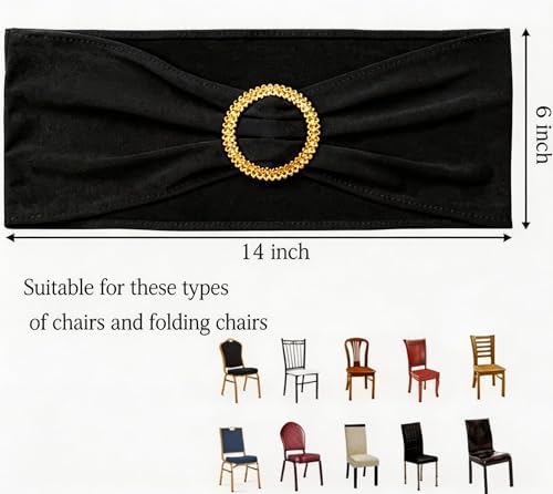 Pack of 50 Black Chair Sashes with Gold Buckles Spandex Chair Bands Bows - Image 3