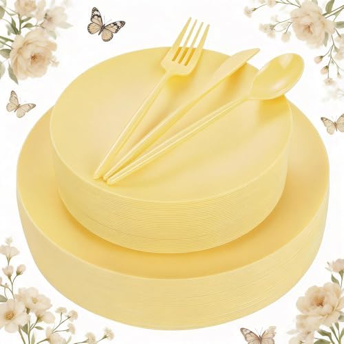 EjonirInjonir 150pcs Premium Yellow Disposable Plates for Party Matte Set by Ejonirinjonir