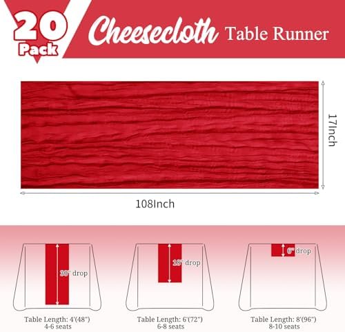 20 Pack Red Table Runner 17 x 108inch Cheesecloth Table Runner Rustic Boho Gauze Sheer Fabric Cheese Cloth Table Runners for Wedding Party Bridal Baby Shower Birthday Spring Table Decor - Image 3