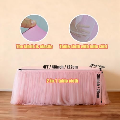 2-Pack Pink 2-in-1 Tulle Tablecloth for 4-Foot Rectangular Table - Image 2
