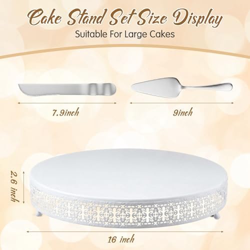 Wenqik White Metal Cake Stand 16 Inch with Cutting & Spatula - Image 2