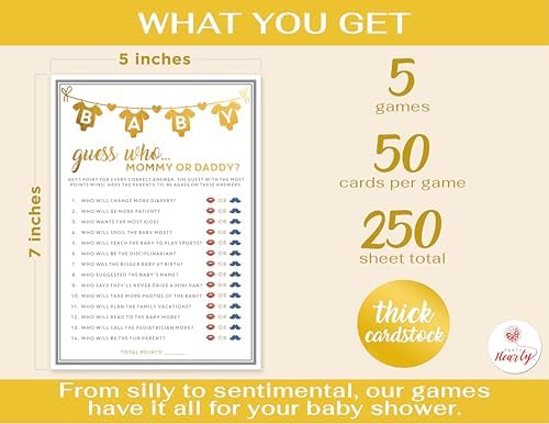 Party Hearty Baby Shower 5 Game Pack, Premium Thick Cardstock - Gold - Image 2