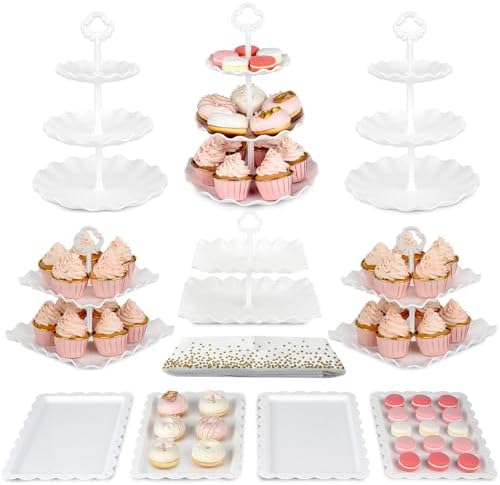 Pack of 11 NWK Cake Stand Set of Cupcake Stand, Tray & Table Cloth (White) by NWK