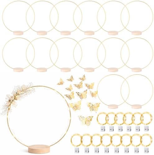 14 Pack Floral Hoop with Stand and LED Fairy Lights 12 inch Metal Rings for DIY Centerpiece Table Decorations Crafts Macrame Rings Hoop Wreath Dream Catcher Rings Wedding Christmas Wreaths, Gold by MJRASG
