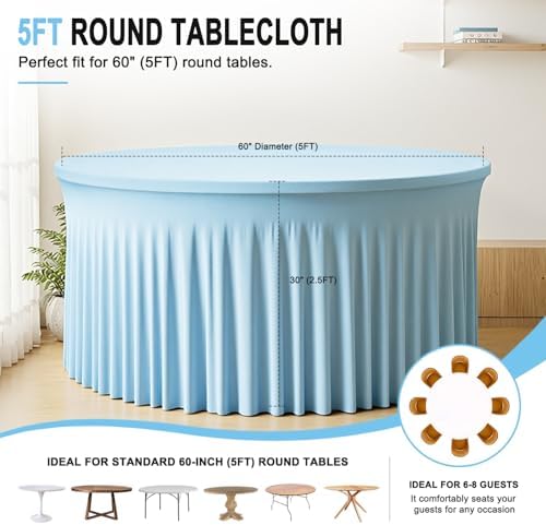 GALLETY 4 Pack Baby Blue Round Tablecloths for 5FT Tables, 120 inch Spandex Fitted Table Cover with Skirt, Wrinkle Free Stretchy Table Cloth for Easter Party, Family Reunion, Spring Event Decor - Image 2