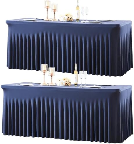 gogoparti 2 Pack Spandex Navy Blue Fitted Table Cloth for 8ft Rectangle Tables Navy Blue Stretch Tablecloth Banquet Table Covers Skirt Wrinkle Free Tablecloths for Parties Wedding by Gogoparti