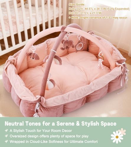 5-in-1 Baby Play Gym and Tummy Time Mat, 12 Learning Cards, Plush Activity Mat with 6 Toys, Baby Gym, Convertible to Ball Pit, Baby Gift, Pink - Image 5