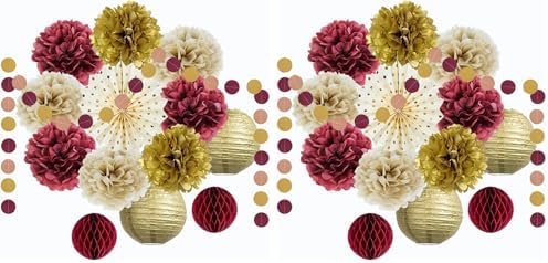 Burgundy and Gold Party Decorations Maroon Gold Burgundy Paper Pom Poms Lanterns Glitter Dots Hanging Garland for Birthday Bridal Shower Bachelorette Graduation Party Decor (Pack of 2) by FETETIJD