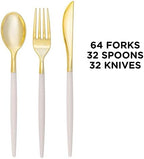 Luxe Party 128 Pieces Two Tone Plastic Disposable Cutlery | Forks-Spoons-Knives | Full Size | Chic Round | Linen and Gold - Image 3