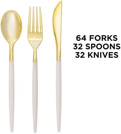 Luxe Party 128 Pieces Two Tone Plastic Disposable Cutlery | Forks-Spoons-Knives | Full Size | Chic Round | Linen and Gold - Image 3