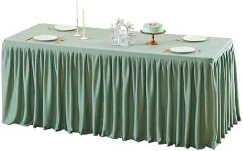 Wish Care Sage Green Polyester Table Clothes for 8 Foot Rectangle Tables, Wrinkle Free Fitted Table Cover with Pleated Ruffle Table Skirt for Birthday Party Wedding Trade Show Event Display by WishCare
