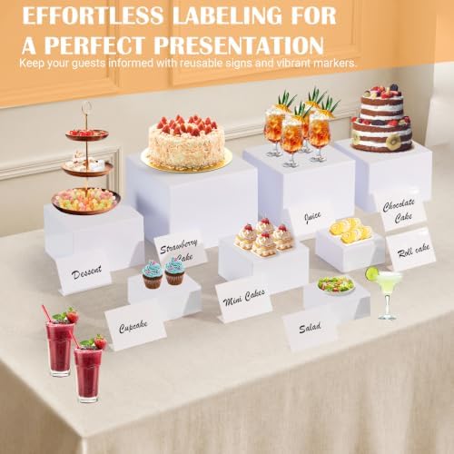 8 Pcs White Buffet Risers with Mini Signs, Nesting HIPS Food Display Stands - Image 6