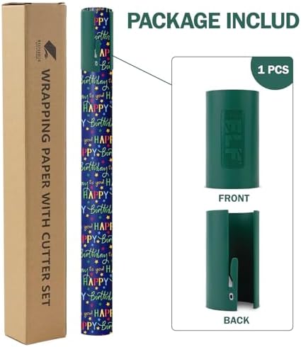WRAPAHOLIC 30 Inch Reversible Birthday Wrapping Paper (30 Inch x 33 Feet) & Little ELF Gift Wrap Cutter (1-Pack) - Colorful Happy Birthday and Stars Design for Party, Baby Shower - Image 2