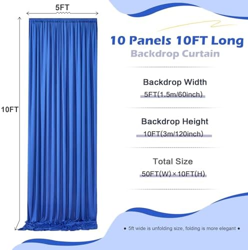 50ft×10ft Royal Blue Wrinkle Free Backdrop Curtain for Parties, 10 Panels 5×10ft Soft Silky Polyester Blue Photo Backdrop Drapes for Boss Baby Birthday Wedding Photography Background - Image 5