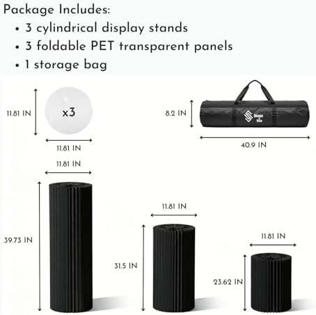 Cylinder Stands for Party, Shape&Use 3PCS Round Black Pedestal Display Stands, Foldable Cardboard Columns for Wedding, Birthday, Anniversary Decor, 11.8in Dia. (23.6/31.5/39.4in H) with Storage Bag - Image 2