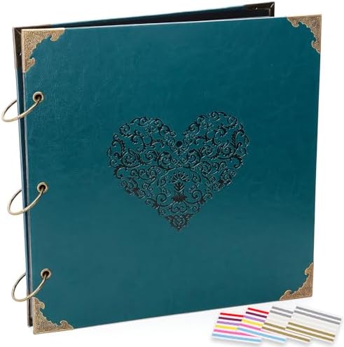 Photo Album DIY Scrapbook - 12x12 inch 50 Pages Vintage Leather Cover Three-Ring Binder Love Picture Booth Albums with 408pcs Self Adhesive Photos Corners for Memory Keep, Heart (Jasper Green) by ADVcer