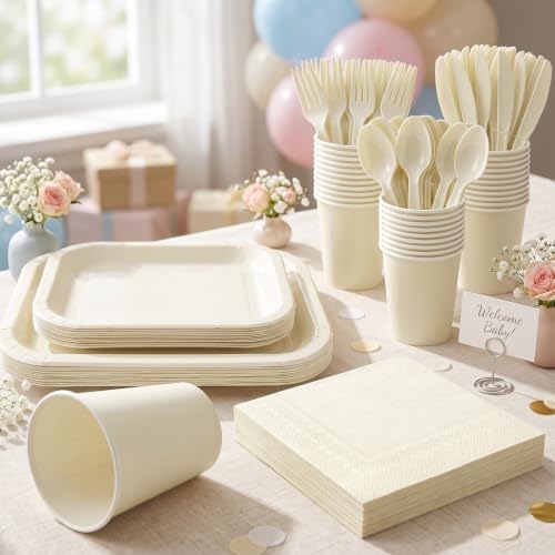 Vyntra 350 Pcs Ivory Square Paper Plates and Napkins Set, Serves 50 - Image 5