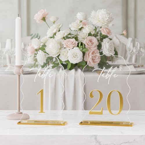 FOCHIER F Wedding Table Number 1-20 with Stand,Gold Arched Acrylic Sign with Holder for Wedding Reception,Centerpiece,Anniversary(Wave) by FOCHIERF